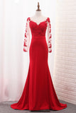 2024 Mermaid Scoop Spandex Long Sleeves Prom Dresses With Applique Sweep Train