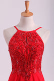 2024 Red Spaghetti Straps Beaded Bodice A-Line Chiffon Prom Dresses