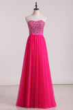 2024 Sweetheart A-Line Tulle Prom Gown Beaded Bodice With Ribbon Floor-Length