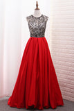 2024 A-Line Scoop Satin Prom Dresses Tulle Bodice Black Sequins Floor-Length With Pocket