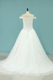 2024 A Line Wedding Dresses Boat Neck Beaded Bodice Chapel Train