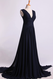 2024 V-Neck Prom Dresses A-Line With Ruffles Court Train Chiffon