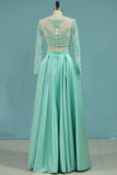 2024 Prom Dresses A-Line Scoop Floor-Length Satin & Lace Color Mint