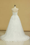 2024 Plus Size Wedding Dresses A-Line Sweetheart Court Train Tulle Applique Covered Button