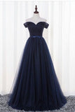 2024 Prom Dresses A-Line Off-The-Shoulder Tulle Floor-Length Dark Navy Color