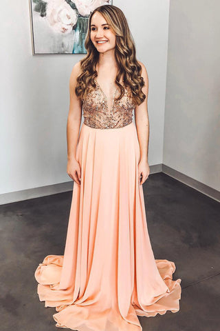 2024 V-Neck Prom Dresses A-Line With Beads&Sequins