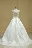 2024 Open Back Scoop A Line Wedding Dresses Satin Sweep Train