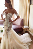 Charming Mermaid Sweetheart Backless Tulle Wedding Dresses With Appliques&Beads