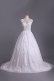 2024 Chapel Train Wedding Dresses Bateau Tulle With Applique And Sash A Line