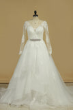 2024 Long Sleeves V Neck Tulle With Applique A Line Wedding Dresses