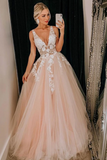 Puffy Deep V Neck Sleeveless Tulle Prom Dresses, A Line Appliqued Floor Length Party Dress