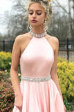 Elegant Charming Long Open Back Beading A-Line Pink Prom Dresses With Pockets