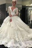 Ivory Deep V-Neck Long Sleeves Appliques Chapel Train Tiered Wedding Dress