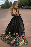 Pretty 2 Pieces Long Sleeves Open Back Black Lace Satin Prom Dresss