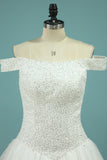 2024 A Line Wedding Dresses Boat Neck Beaded Bodice Chapel Train