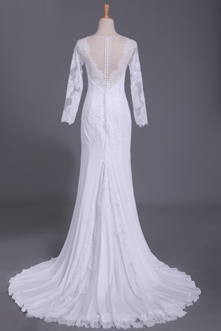 2024 Wedding Dresses Scoop Long Sleeves Spandex Court Train With Applique