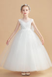 Round Neck Tulle Sleeveless Ivory Flower Girl Dresses With Bowknot