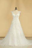 2024 V Neck A Line Wedding Dresses Tulle With Applique Court Train