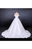 Puffy Off The Shoulder Satin Wedding Dress, Ball Gown Long Bridal Dress With Long Train