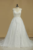 2024 Wedding Dresses A Line V Neck Open Back Organza With Applique Court Train