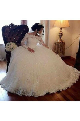 Ball Gown Tulle Backless Wedding Dresses Long Sleeves