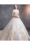 Ball Gown Tulle Wedding Dresses Off The Shoulder Appliques Beads Chapel Train