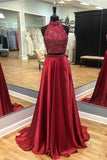 2024 Two Pieces Satin Prom Dresses With Beaded Bodice Sweep Train