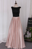 2024 New Prom Dress A Line Boat Neckline Floor-Length Satin With Beaded Waist Line