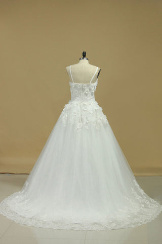 2024 A Line Spaghetti Straps Court Train Wedding Dresses Tulle With Applique And Handmade Flowers