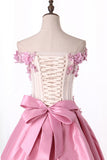 2024 New Arrival Prom Dresses Off The Shoulder Satin With Appliques And Handmade Flowers