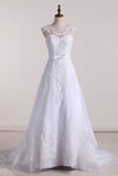 2024 Scoop A Line Wedding Dresses Tulle With Applique And Sash