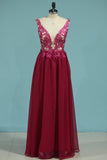 2024 Prom Dresses V Neck 30D Chiffon With Applique Sweep Train A Line