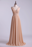 2024 Bridesmaid Dress V Neck A Line Floor Length Chiffon With Beads