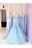 Spaghetti Straps Appliques Mermaid Prom Dress Ruffle Skirt Formal Dress