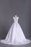 2024 Scoop Sexy Back A Line Beaded Bodice Satin Wedding Dress Chapel Trian