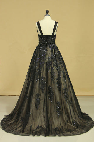 2024 Black Sexy Bateau A-Line Prom Gown Sweep Train With Beads & Applique