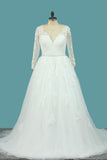 2024 A Line Tulle V Neck Long Sleeves Wedding Dresses With Applique And Beads Sweep Train