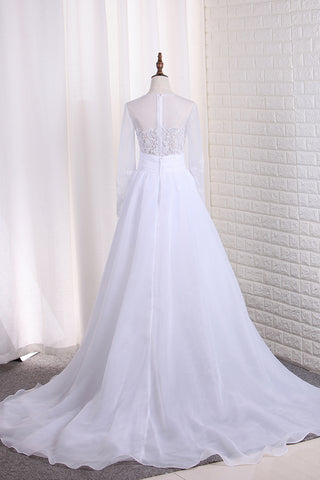 2024 Scoop Long Sleeves Wedding Dresses Tulle & Organza With Applique Sweep Train Detachable