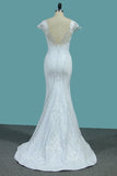 2024 Wedding Dresses Spandex Bateau Cap Sleeve With Applique And Beads Court Train