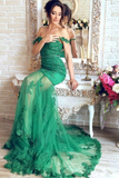 2024 Off The Shoulder Mermaid Prom Dresses With Applique Tulle Sweep Train