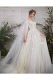 Wedding Dress With 3/4 Sleeves And Appliques Illusion Neckline