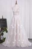 2024 Spaghetti Straps A Line Lace Wedding Dresses With Sash And Handmade Flower