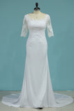 2024 Scoop 3/4 Length Sleeves Wedding Dresses Mermaid Chiffon With Applique