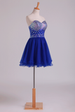 2024 New Arrival Dark Royal Blue A Line Sweetheart Homecoming Dresses Tulle Short With Beads