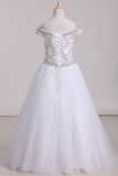 2024 Floor Length Boat Neck Beaded Bodice Flower Girl Dresses Tulle Lace Up