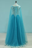 2024 Muslin Prom Dresses With Cape A-Line Spaghetti Straps Tulle With Gold Applique Floor-Length