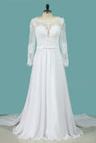 2024 Wedding Dresses A Line Scoop Long Sleeves Chiffon With Applique