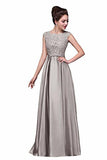 Elegant A-Line Applique Round Neck Lace Satin Ball Gown Evening Prom Dress