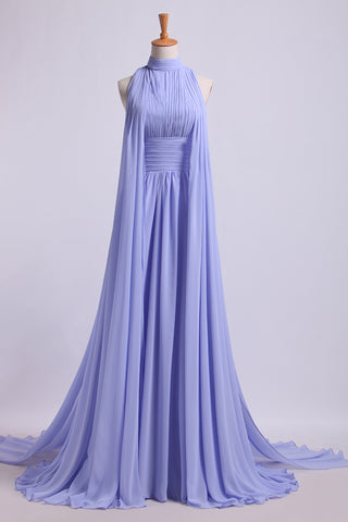 2024 High Neck Pleated Bodice Prom Dresses A-Line Chiffon Sweep Train