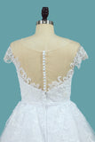 2024 A Line Lace Cap Sleeve Scoop Wedding Dresses With Beads Court Train